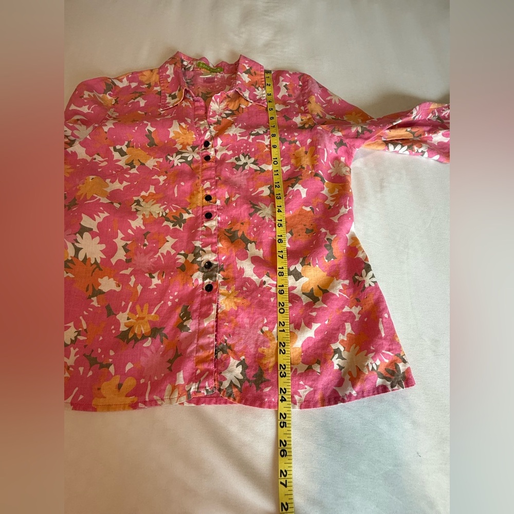 Sigrid Olsen 3/4 Sleeve Top Large Pink Orange Floral Linen Split Neck High Low - Picture 4 of 16